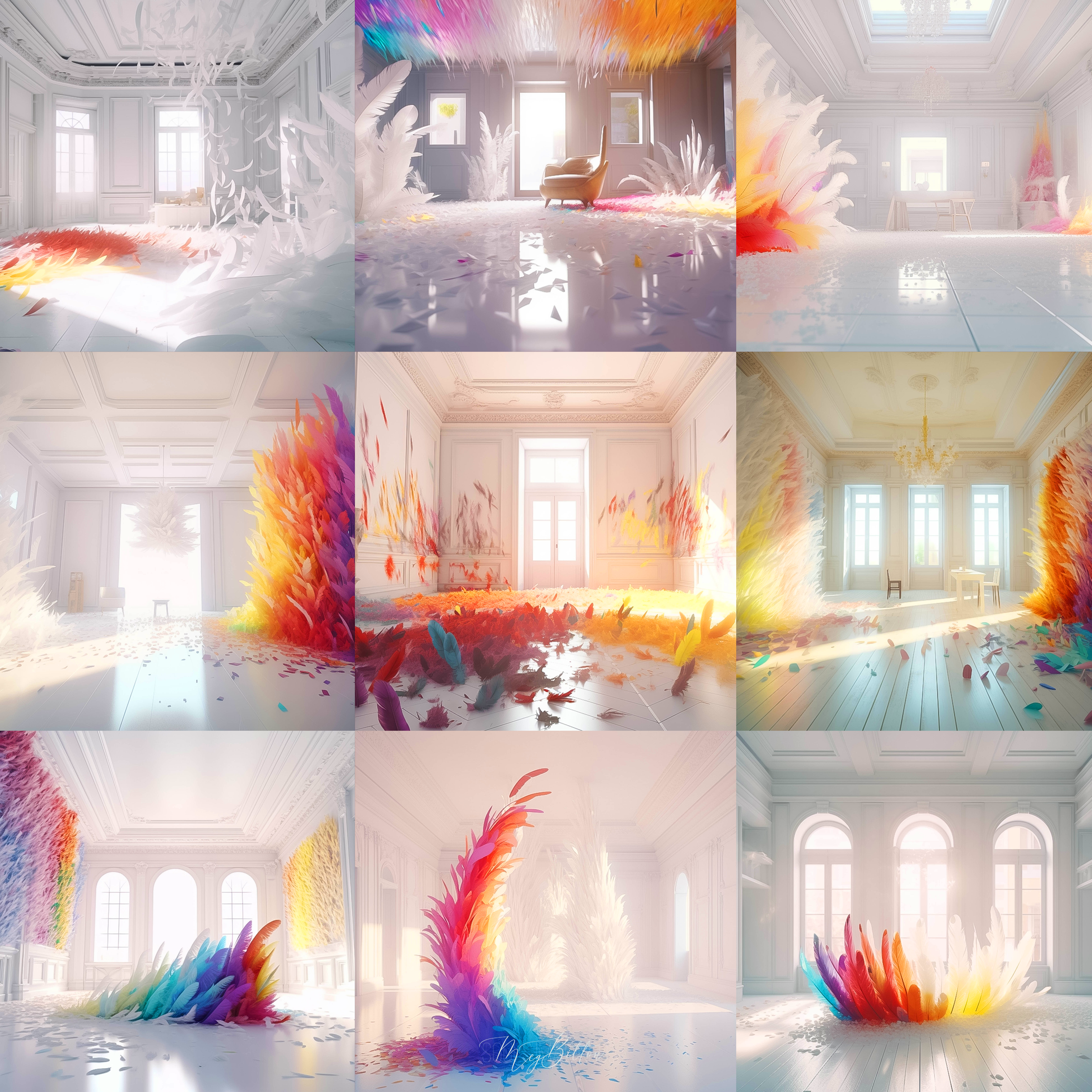 Elegant Rainbow Feathered Rooms Digital Background Bundle