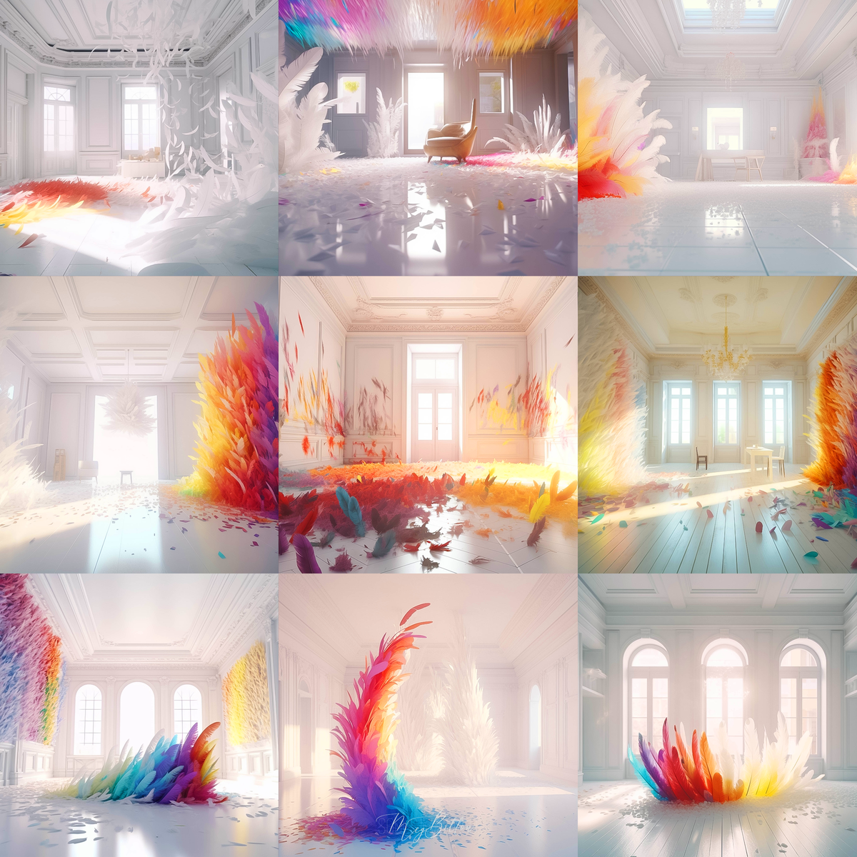 Elegant Rainbow Feathered Rooms Digital Background Bundle - Meg Bitton Productions