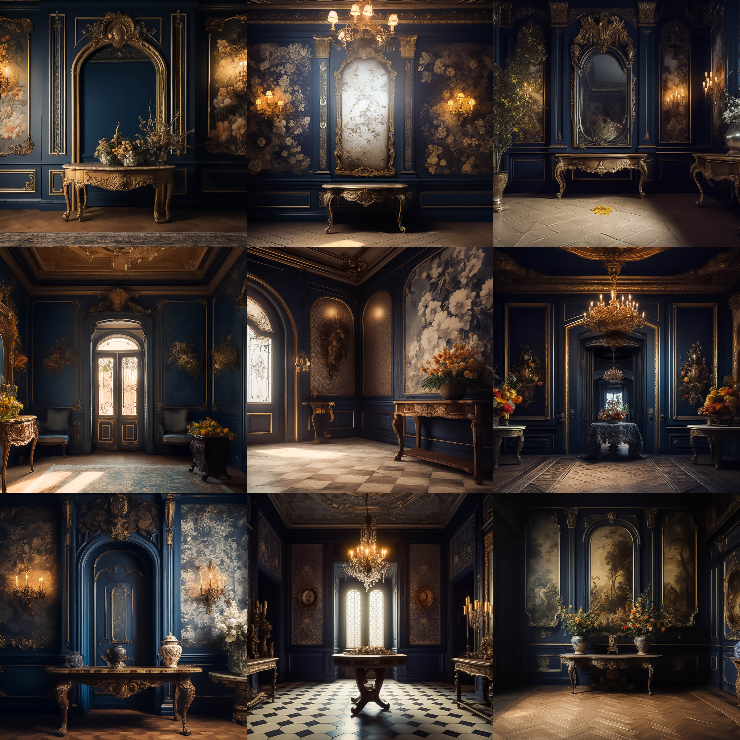 Navy Baroque Rooms Digital Background Bundle