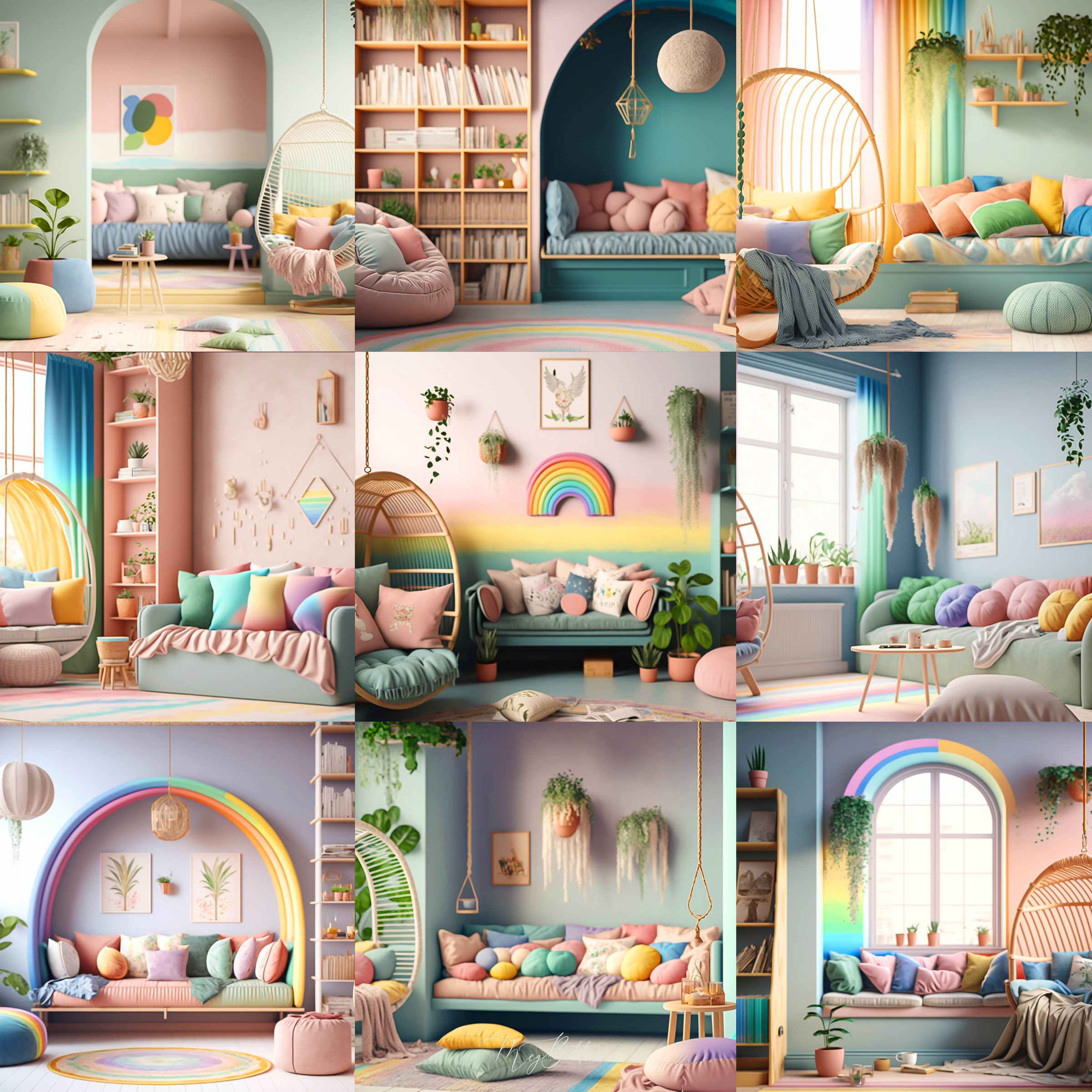 Pastel Boho Rainbow Bedrooms Digital Background Bundle