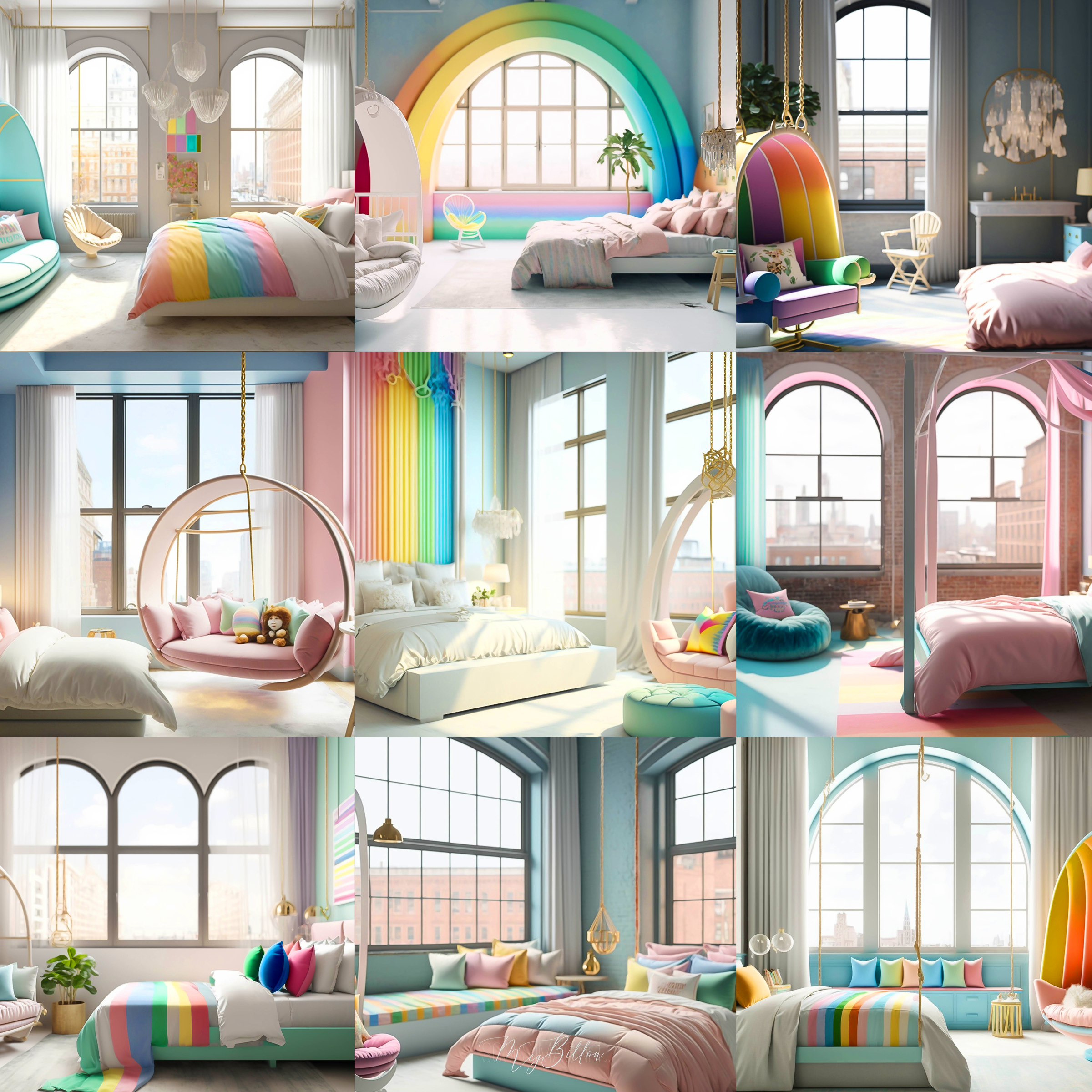 Soft Pastel Rainbow Bedrooms Digital Background Bundle