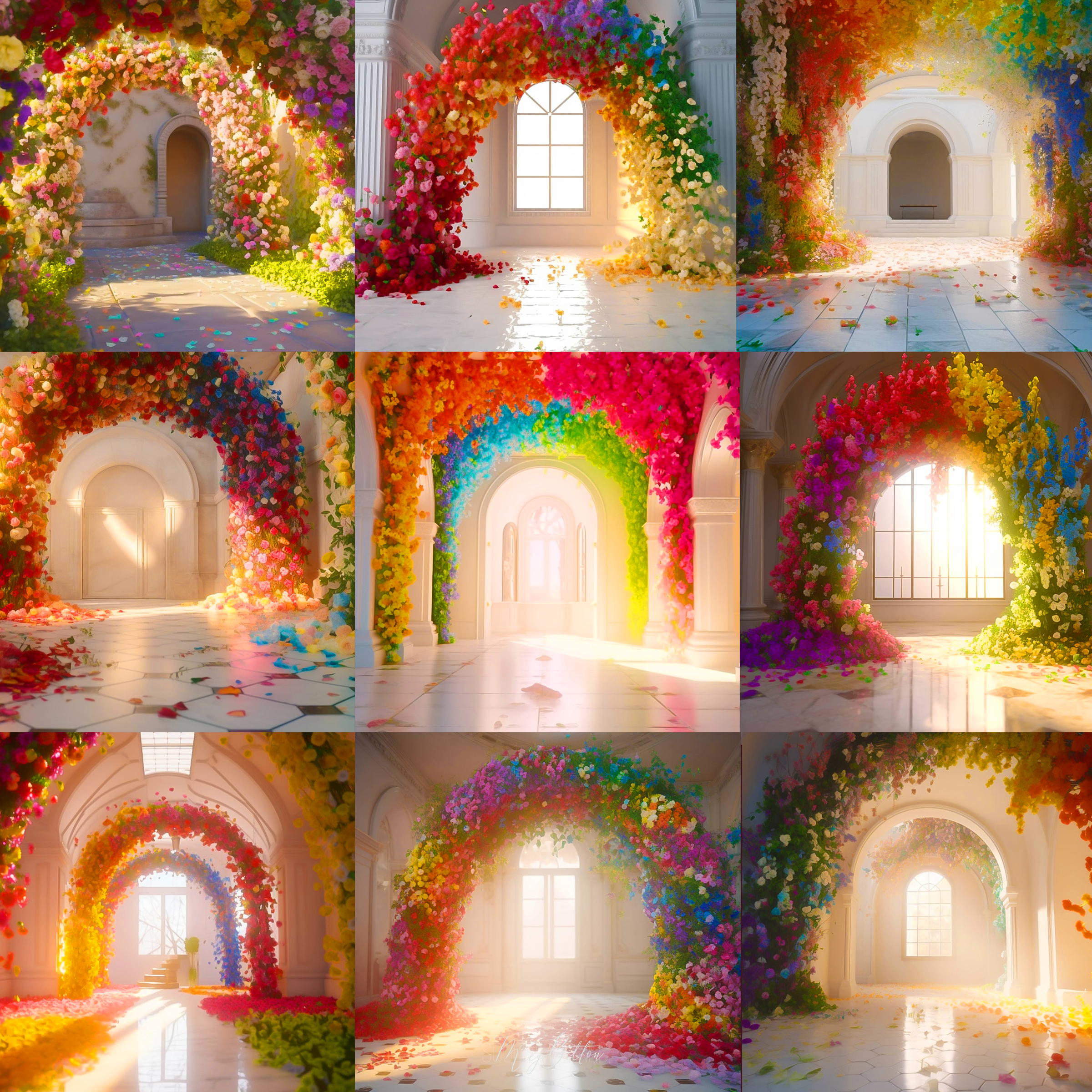 Rainbow Floral Archways Digital Background Bundle