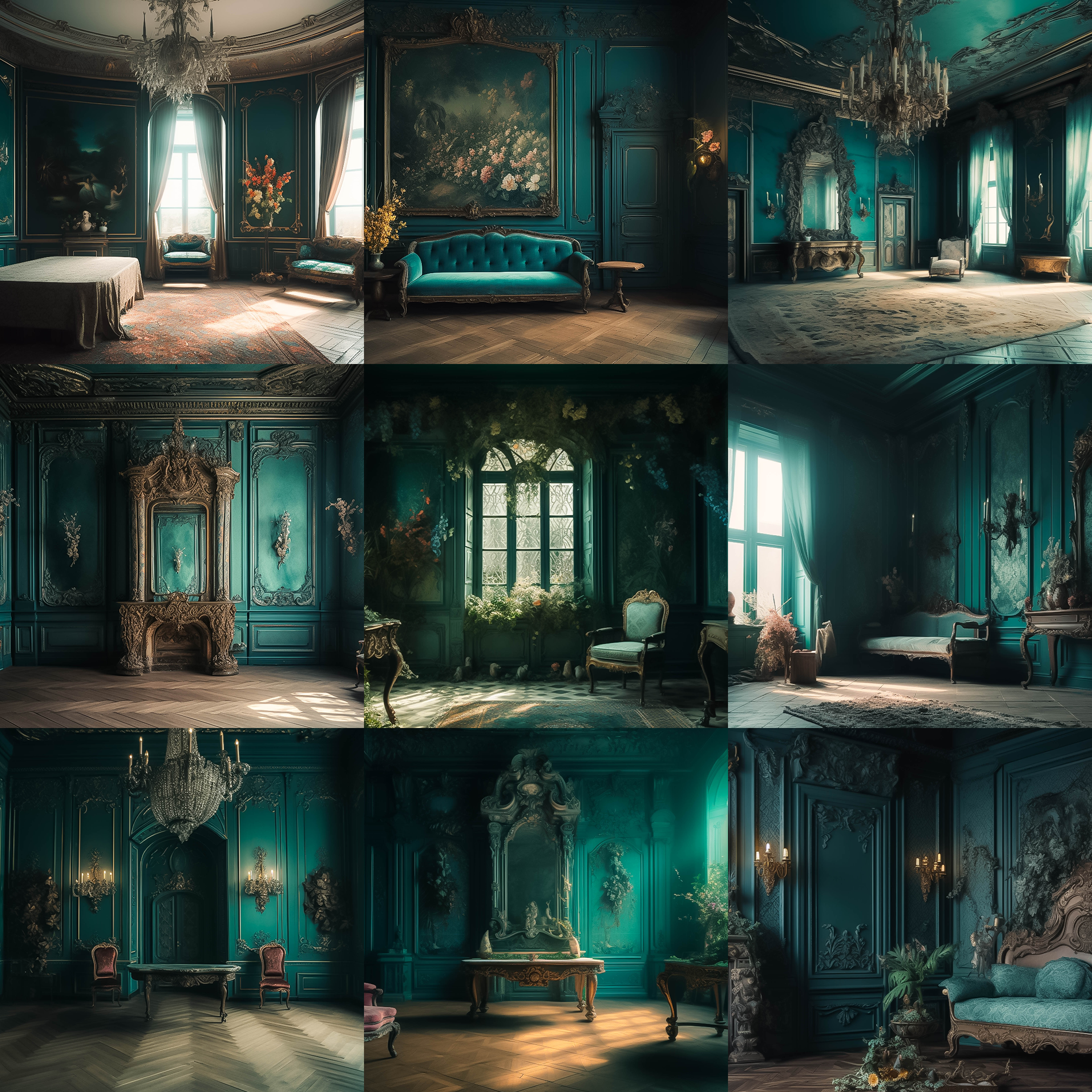 Teal Baroque Rooms Digital Background Bundle