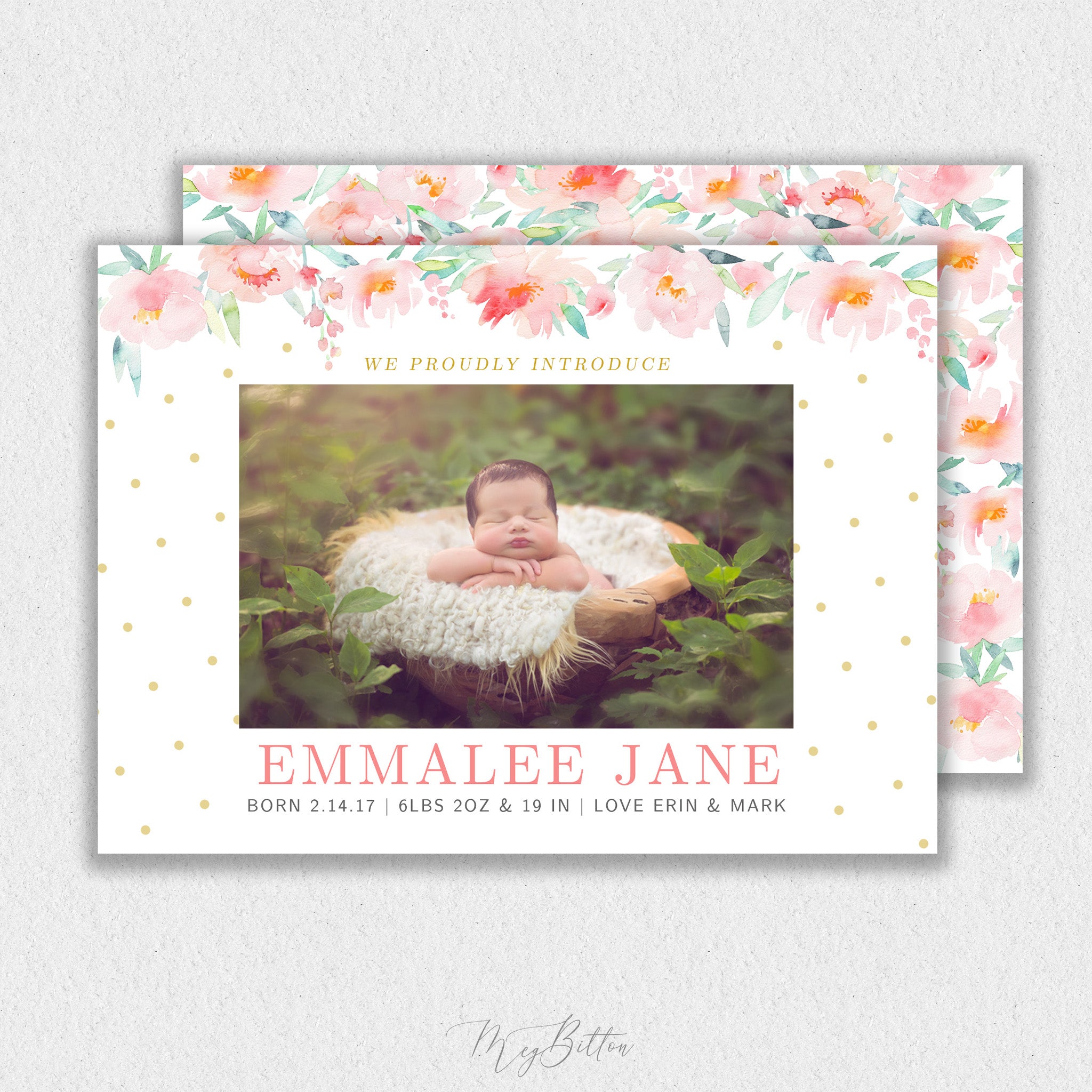 Girl Watercolor Floral Announcement Template