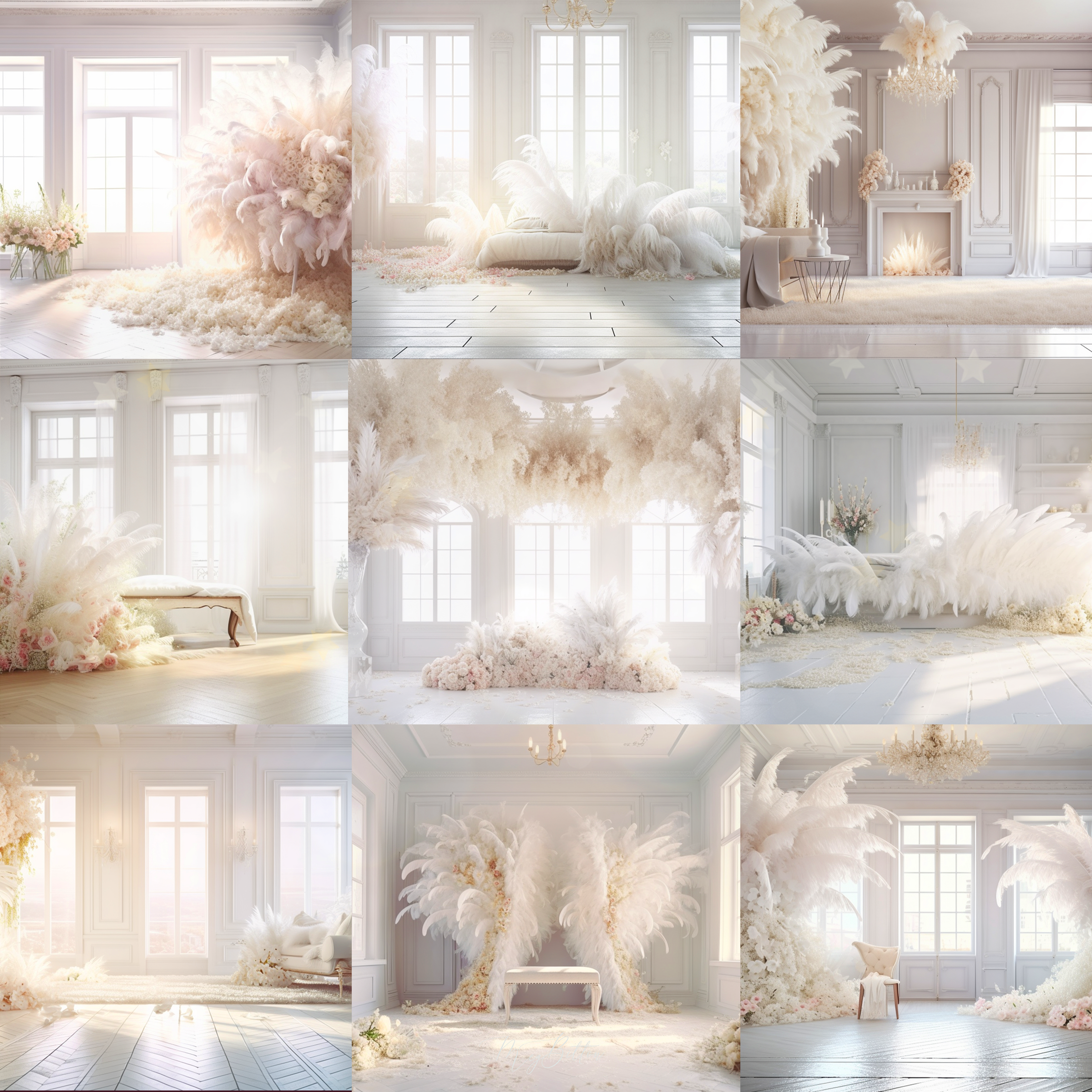 Elegant White Feather Rooms Digital Background Bundle