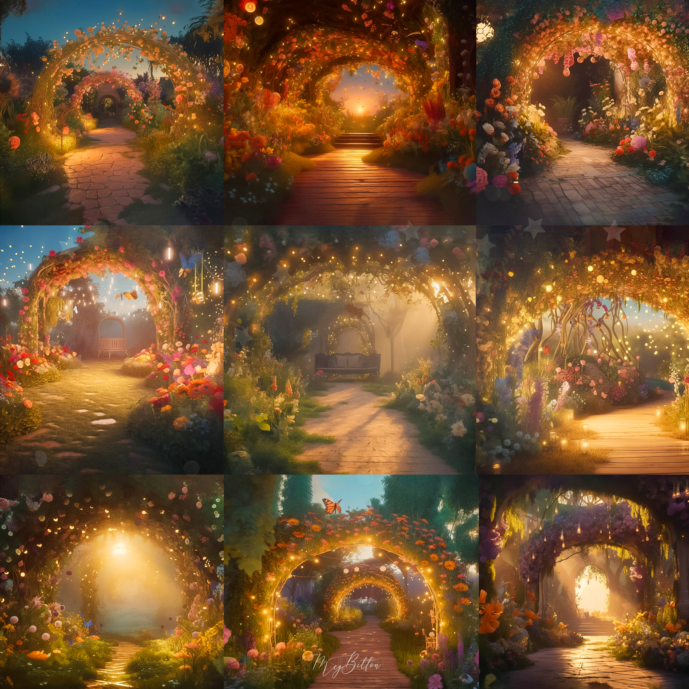 Fantasy Floral Arch Digital Background Bundle