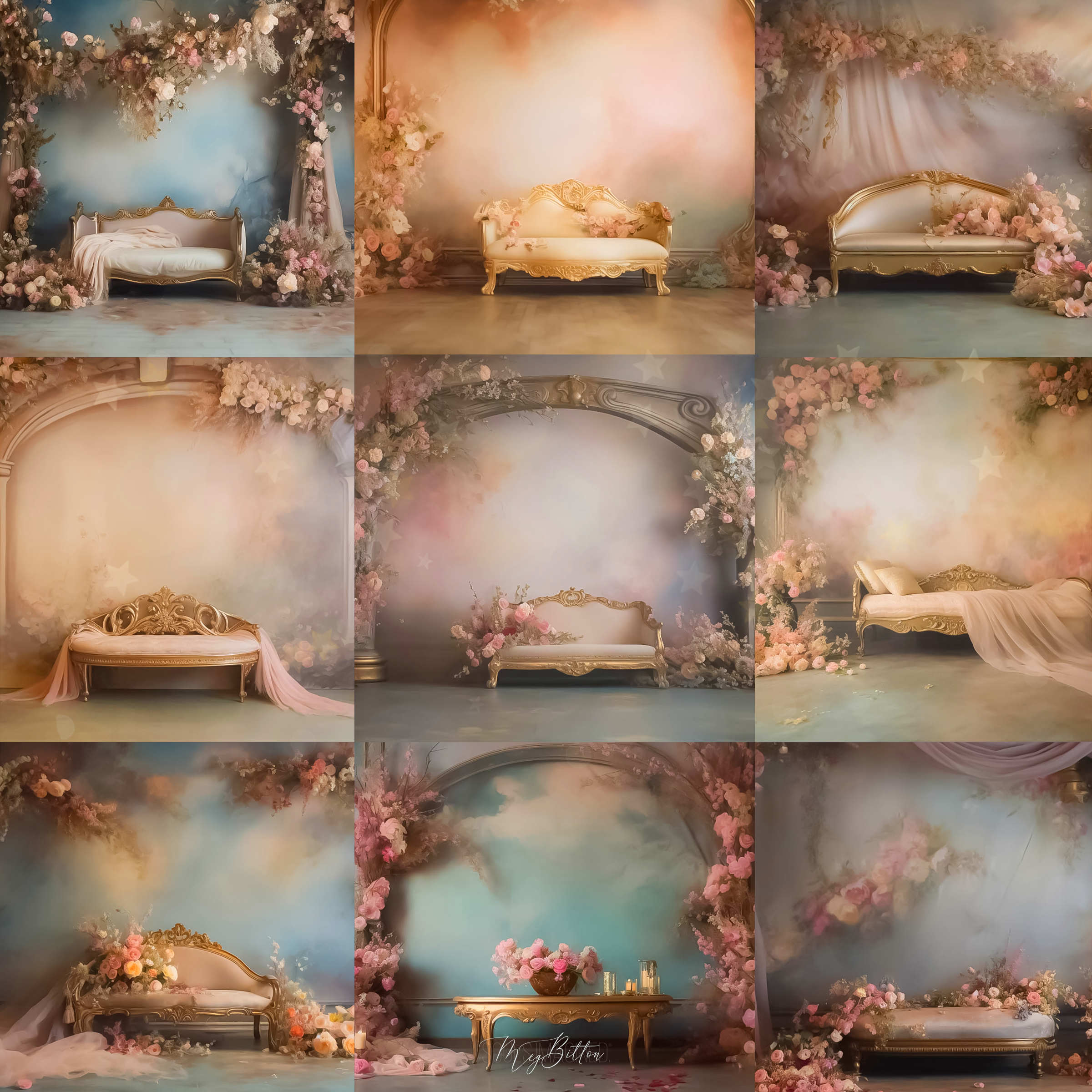 Golden Floral Bench Digital Background Bundle