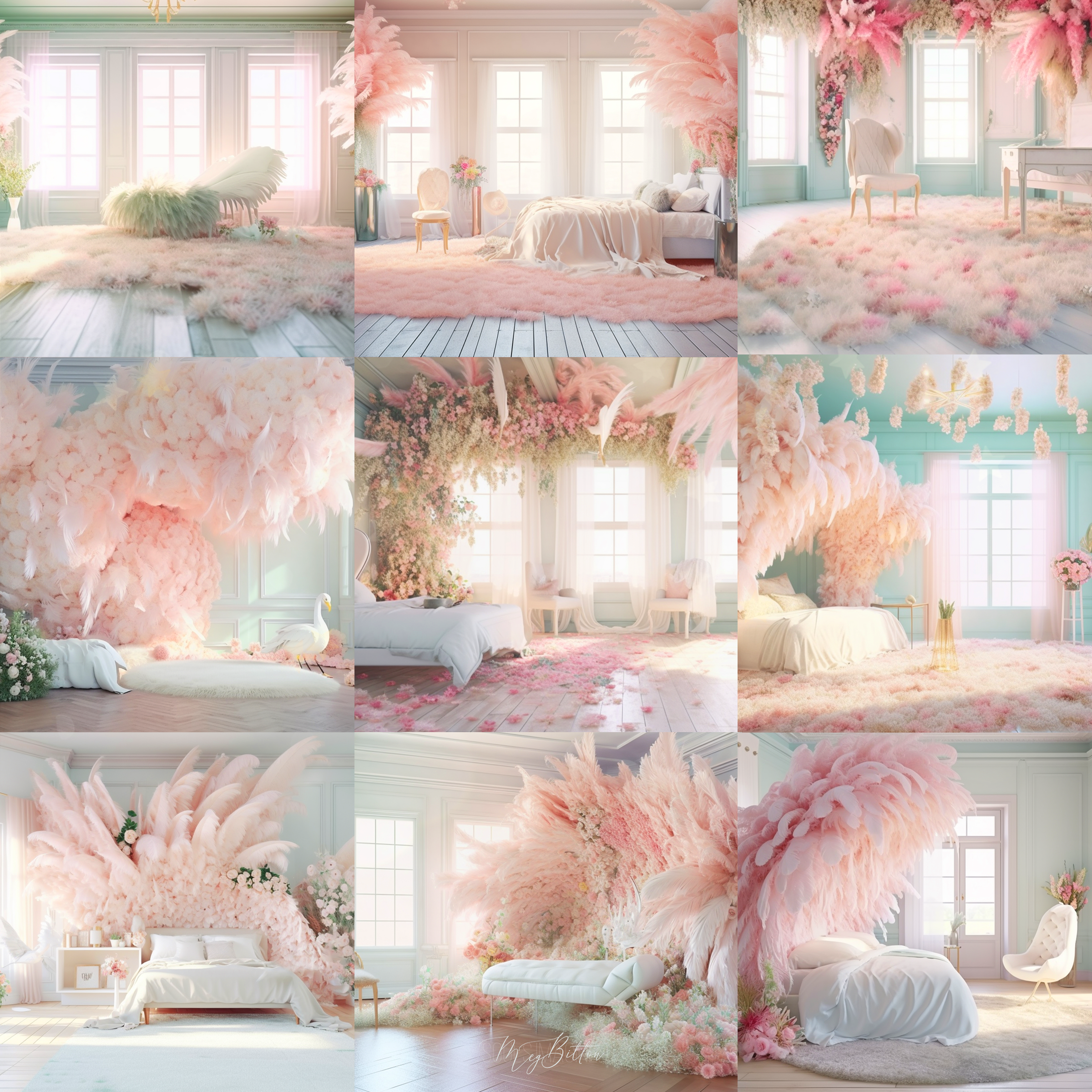 Magical Pastel Feathered Room Digital Background Bundle