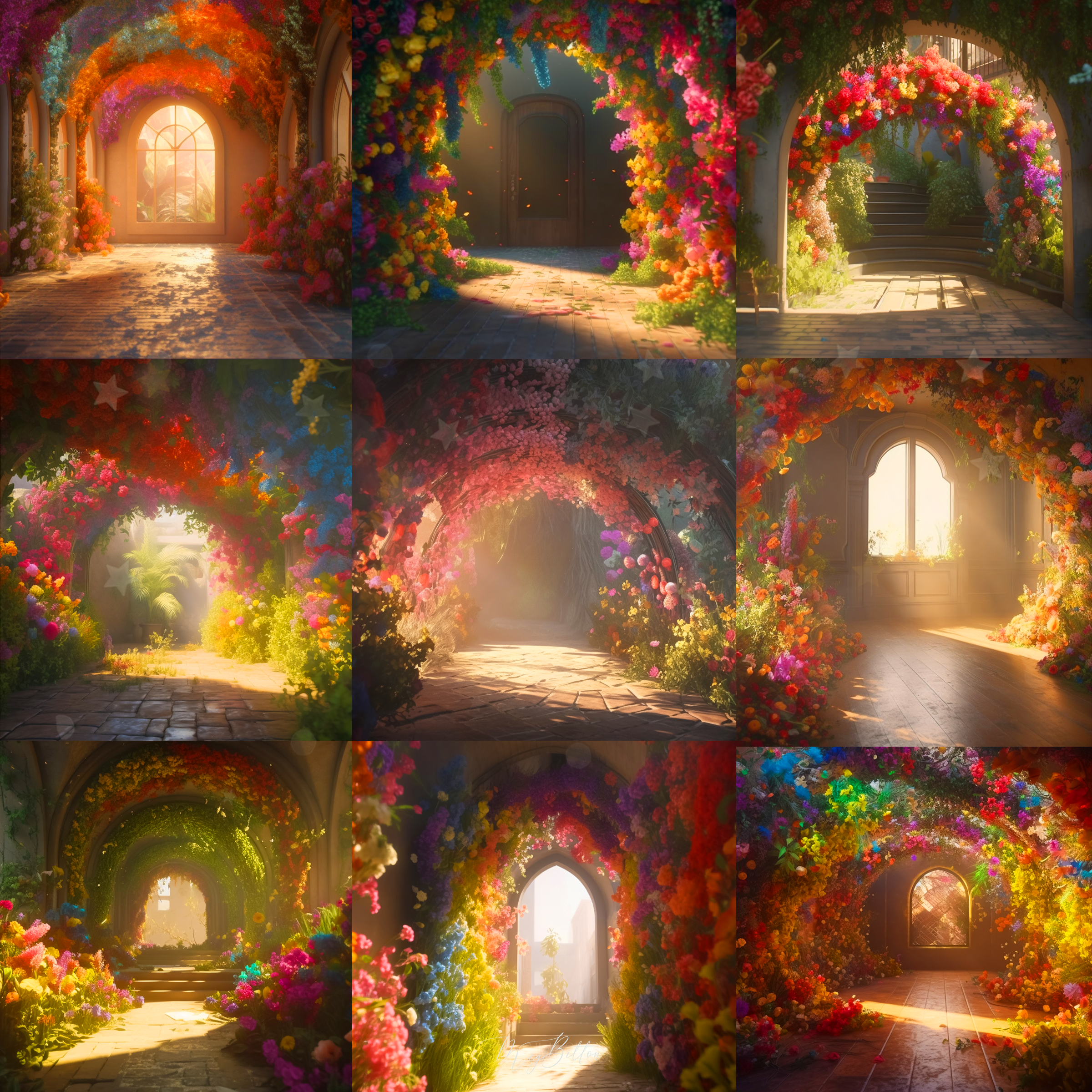 Rainbow Floral Arches Digital Background Bundle