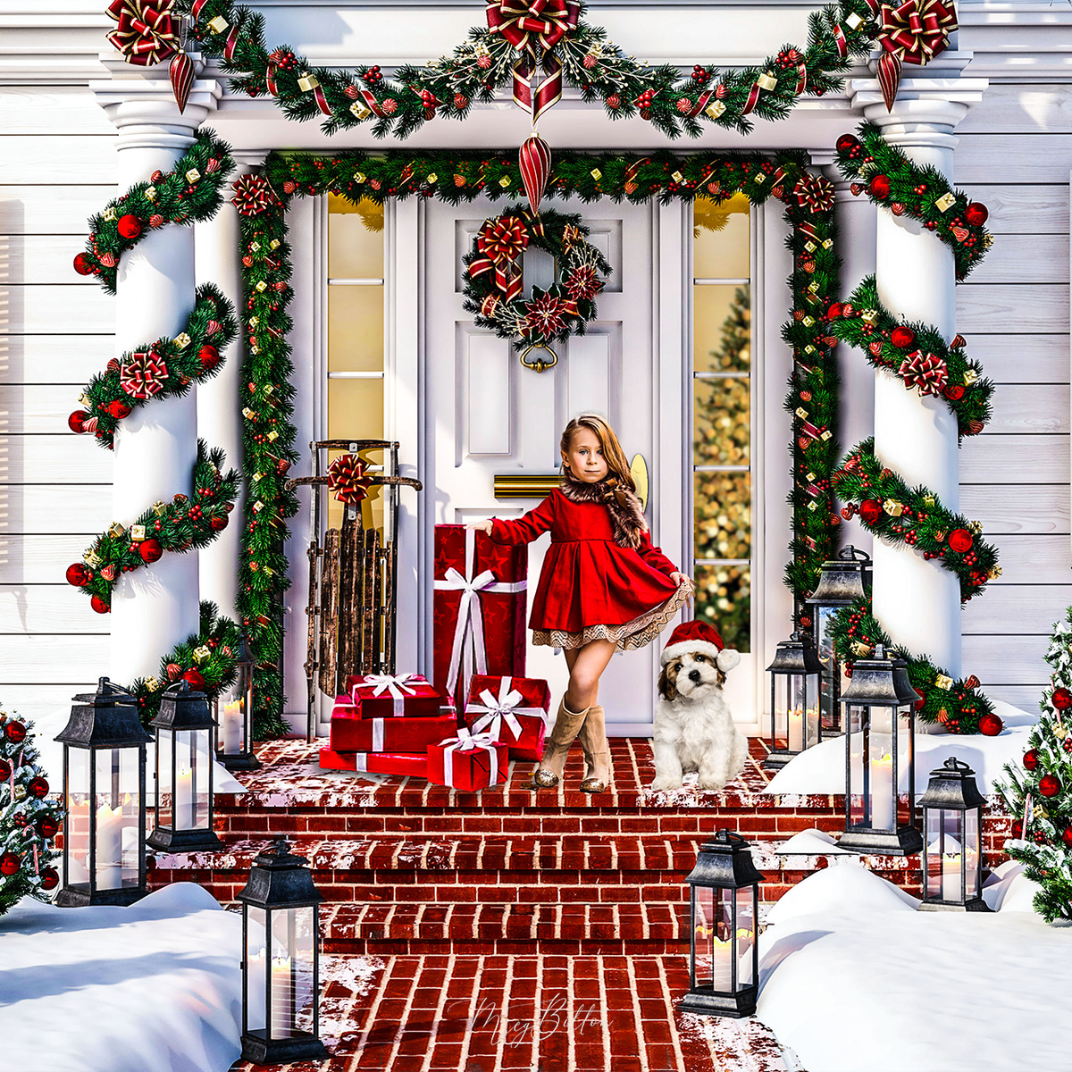Digital Background: Christmas Porch Illustrated Art - Meg Bitton Productions