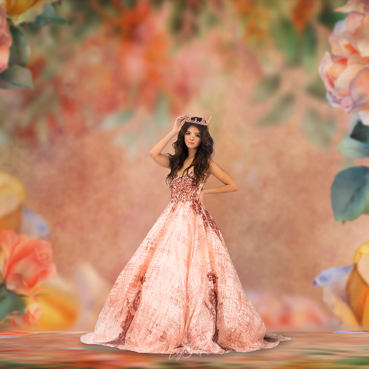 Digital Studio Backdrop: Peach Roses - Meg Bitton Productions